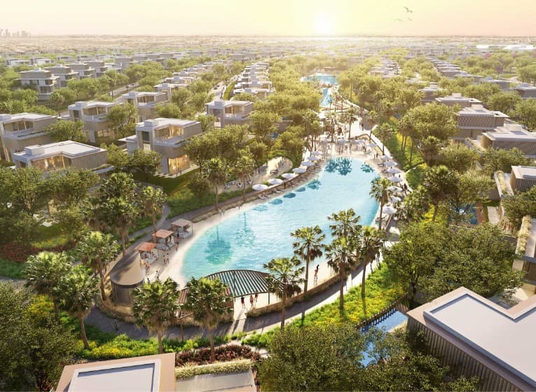 Swimmable lagoon with beach edge at Nad Al Sheba Gardens